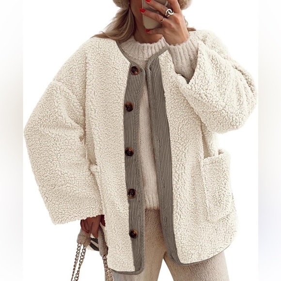 NWT PrettyGarden white Sherpa button down jacket  - Picture 1 of 7